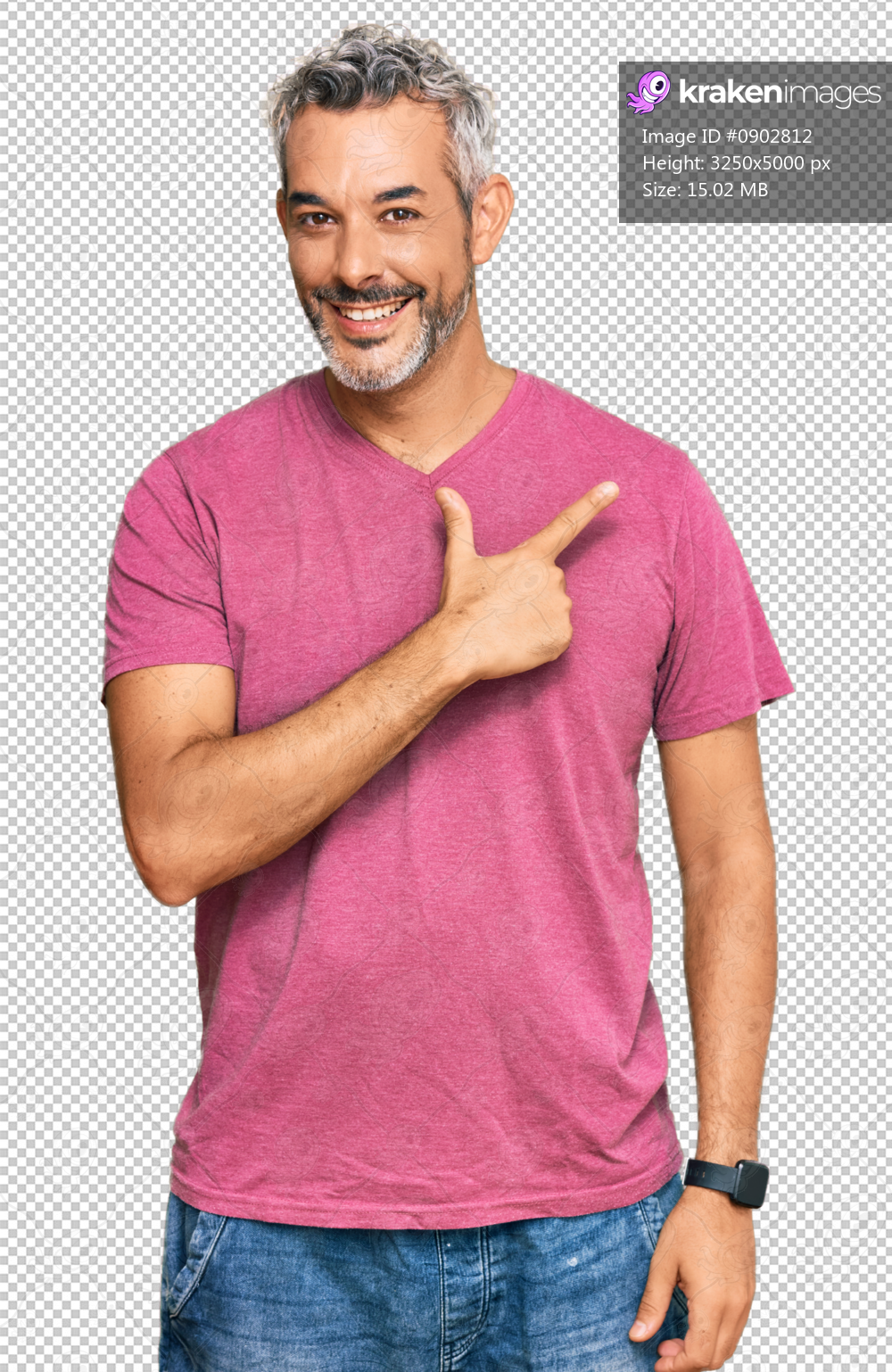 Middle age grey-haired man wearing casual clothes cheerful with a smile on face pointing with hand and finger up to the side with happy and natural expression