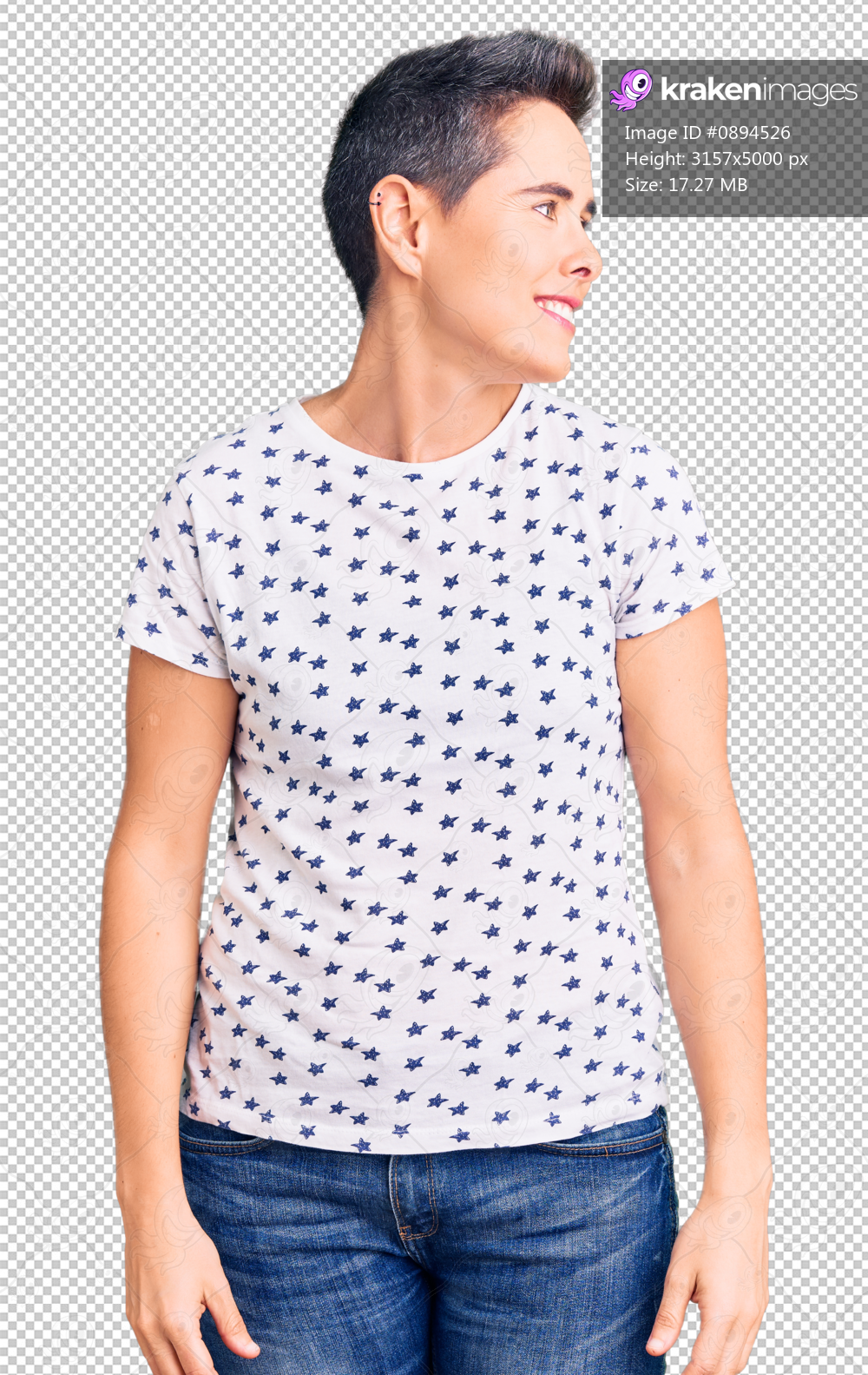 Young woman with short hair wearing casual clothes looking away to side with smile on face, natural expression. laughing confident.