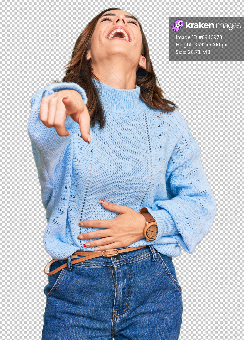 Young brunette woman wearing casual winter sweater laughing at you, pointing finger to the camera with hand over body, shame expression