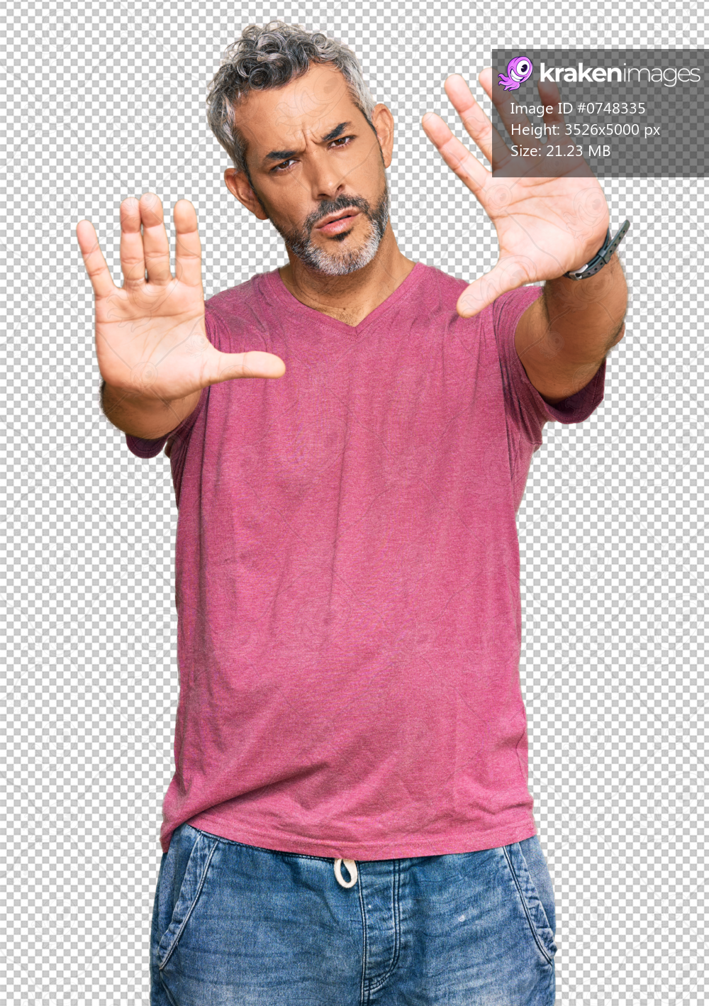 Middle age grey-haired man wearing casual clothes doing frame using hands palms and fingers, camera perspective