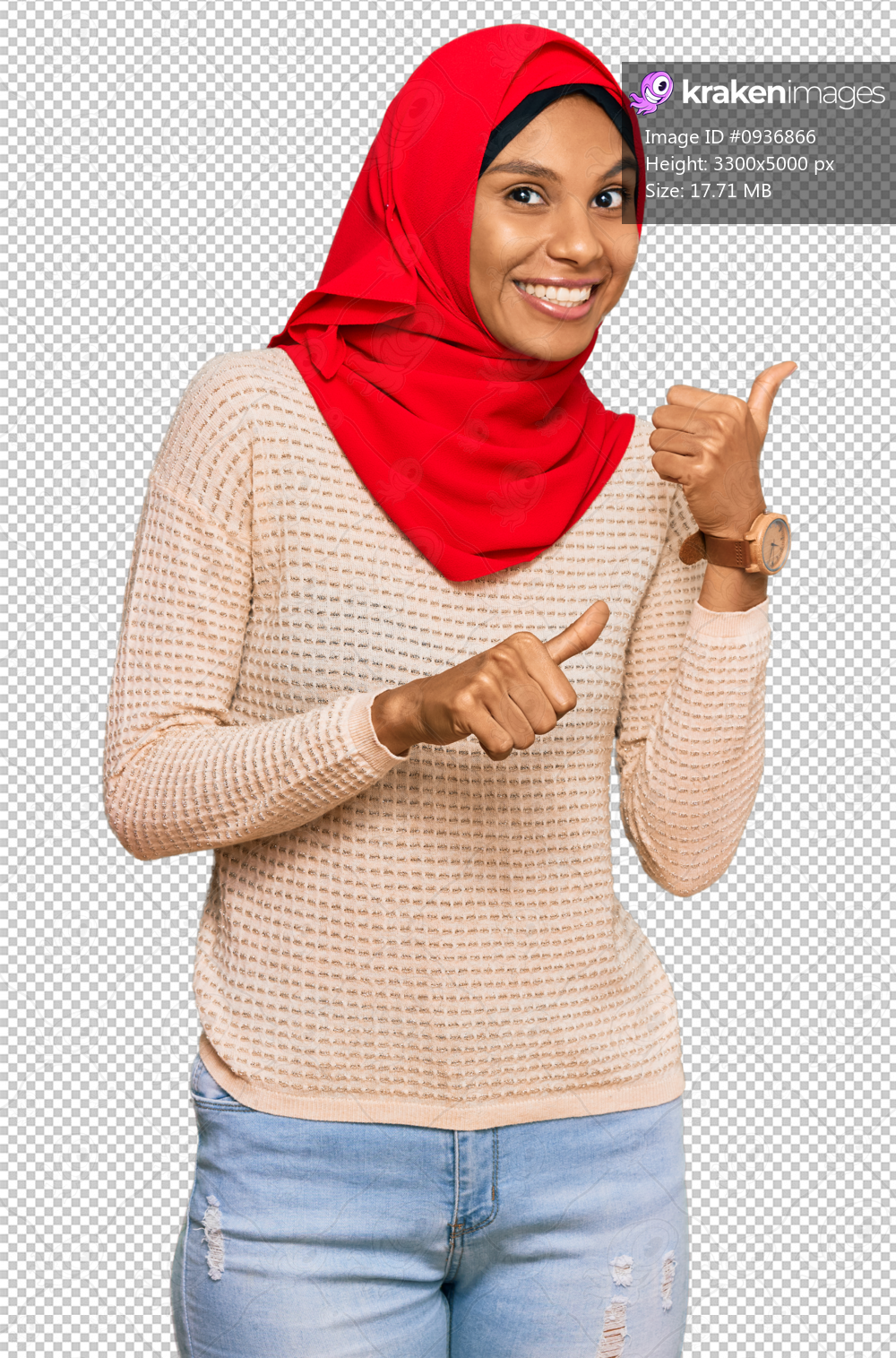 Young african american woman wearing traditional islamic hijab scarf pointing to the back behind with hand and thumbs up, smiling confident