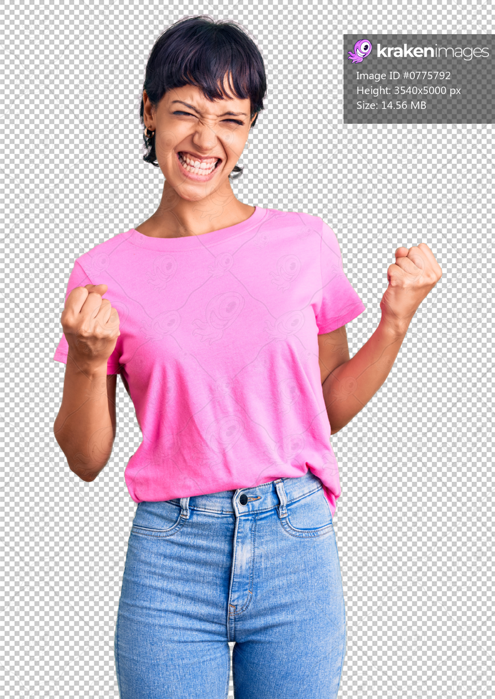 Young brunette woman with short hair wearing casual clothes excited for success with arms raised and eyes closed celebrating victory smiling. winner concept.