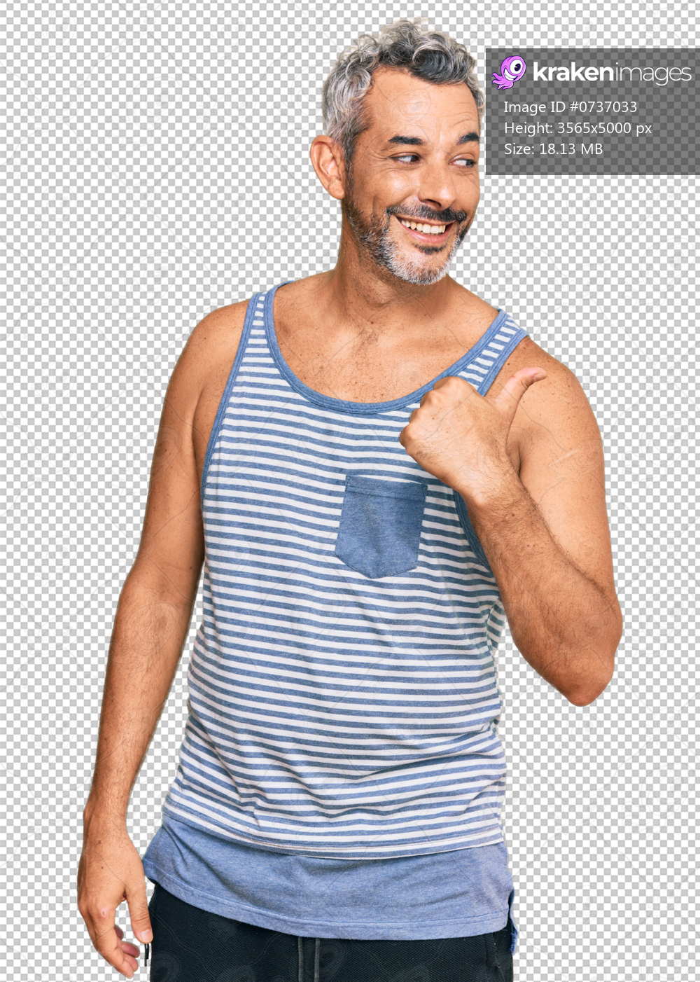 Middle age grey-haired man wearing casual style with sleeveless shirt smiling with happy face looking and pointing to the side with thumb up.