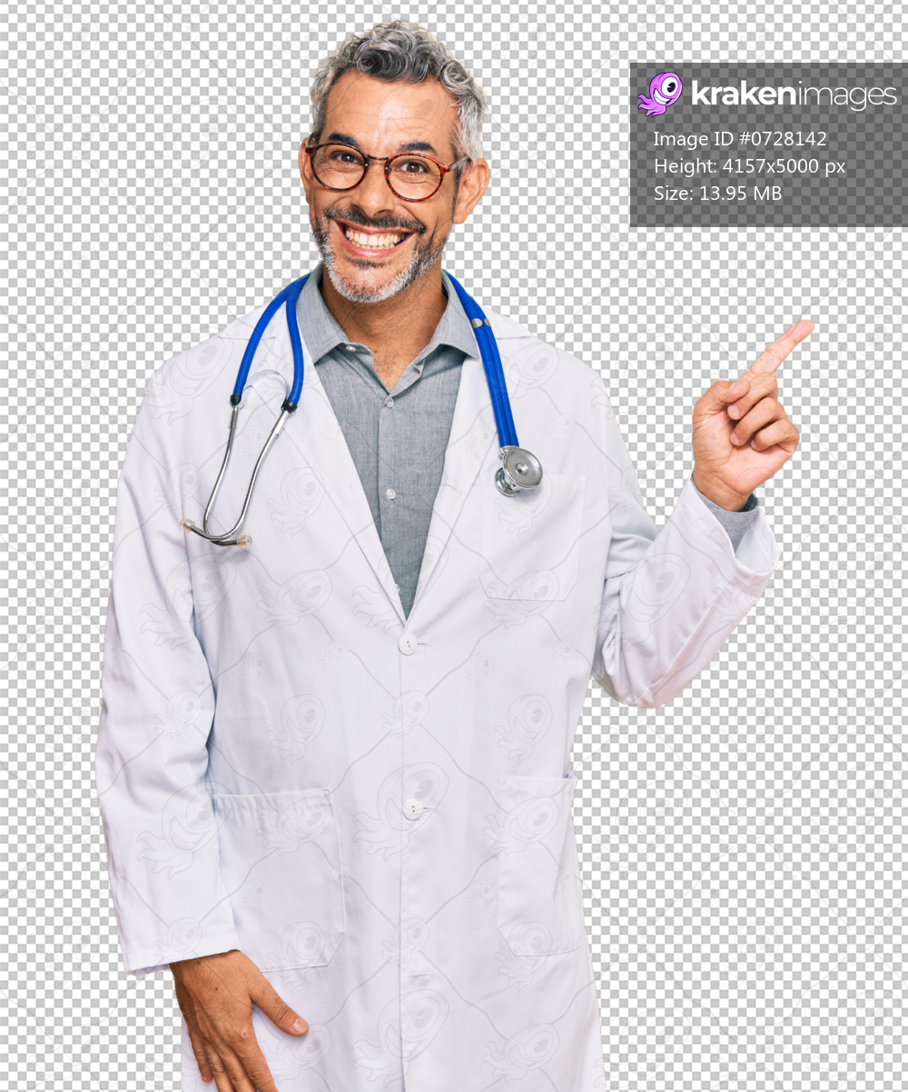 Middle age grey-haired man wearing doctor uniform and stethoscope smiling happy pointing with hand and finger to the side