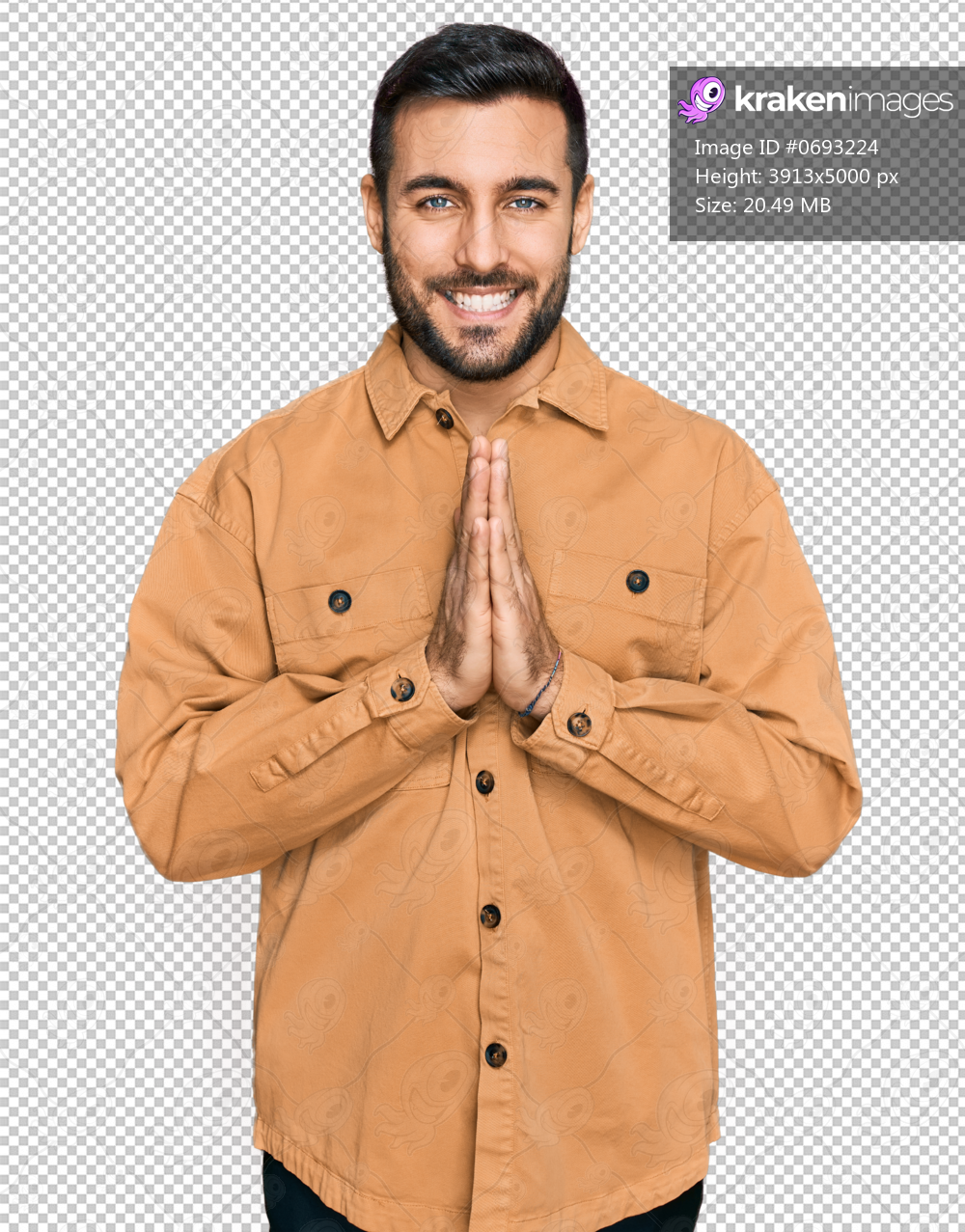 Young hispanic man wearing casual clothes praying with hands together asking for forgiveness smiling confident.