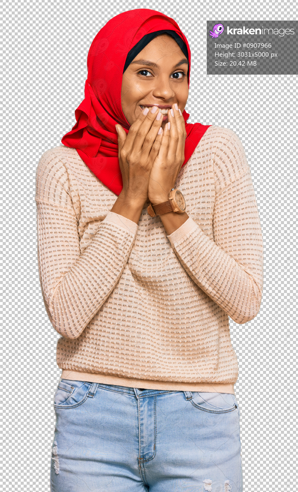Young african american woman wearing traditional islamic hijab scarf laughing and embarrassed giggle covering mouth with hands, gossip and scandal concept