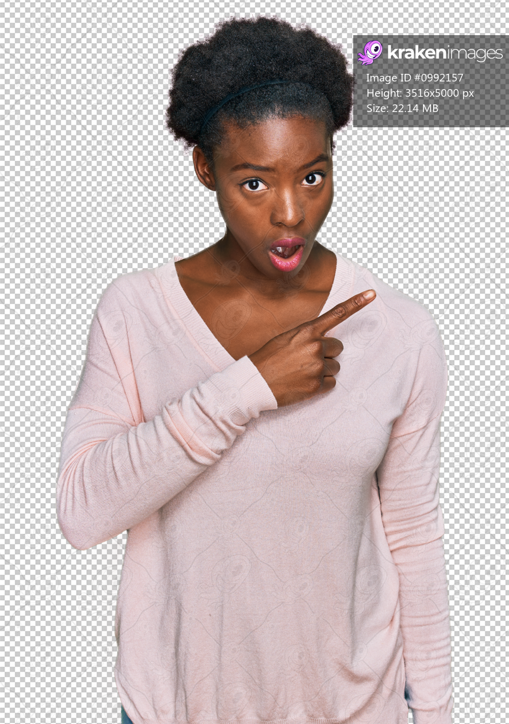 Young african american girl wearing casual clothes surprised pointing with finger to the side, open mouth amazed expression.
