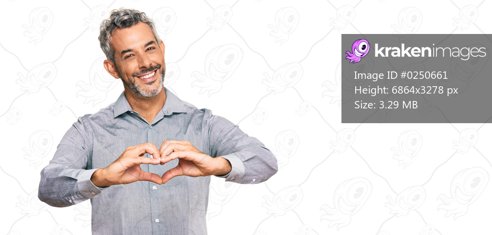 Middle age grey-haired man wearing casual clothes smiling in love doing heart symbol shape with hands. romantic concept. 