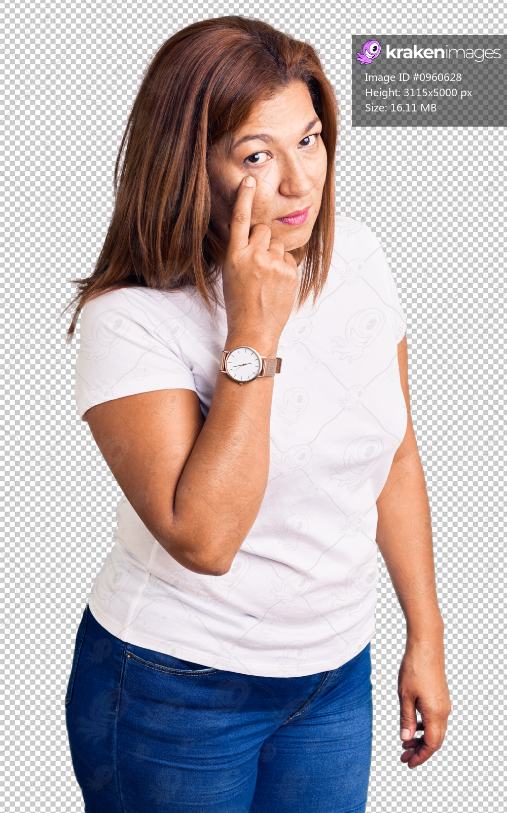Middle age latin woman wearing casual white tshirt pointing to the eye watching you gesture, suspicious expression