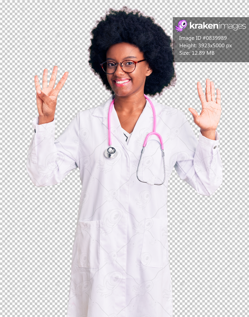 Young african american woman wearing doctor coat and stethoscope showing and pointing up with fingers number nine while smiling confident and happy.