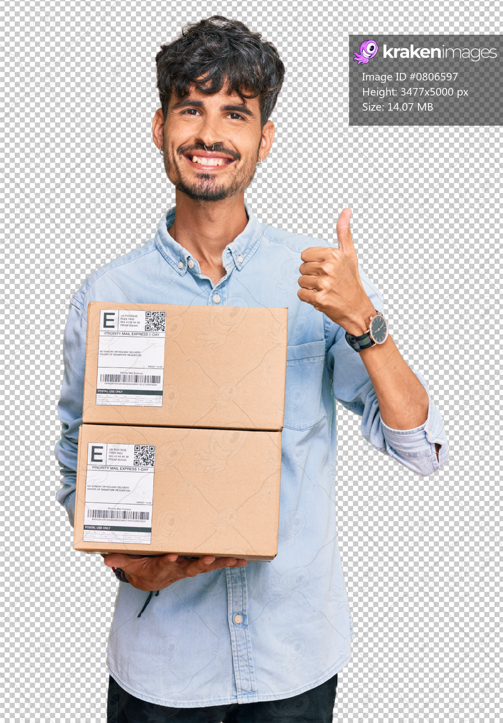 Young hispanic man holding delivery package smiling happy and positive, thumb up doing excellent and approval sign