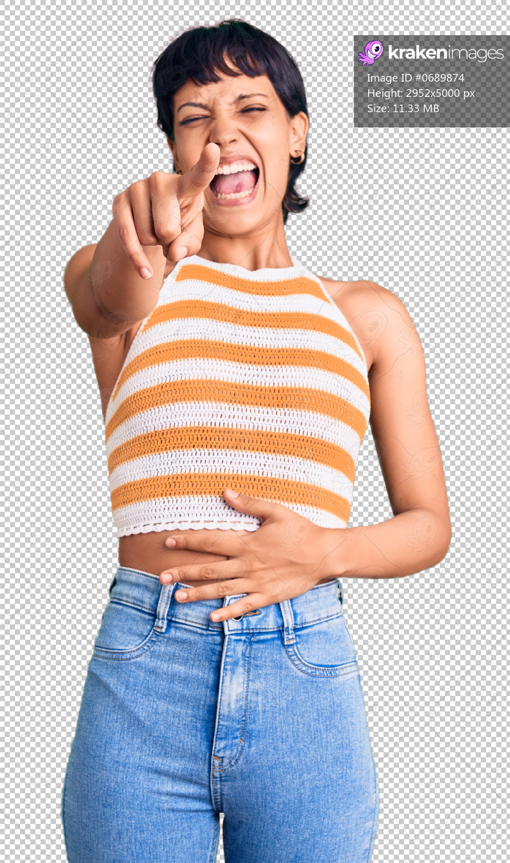 Young brunette woman with short hair wearing casual clothes laughing at you, pointing finger to the camera with hand over body, shame expression