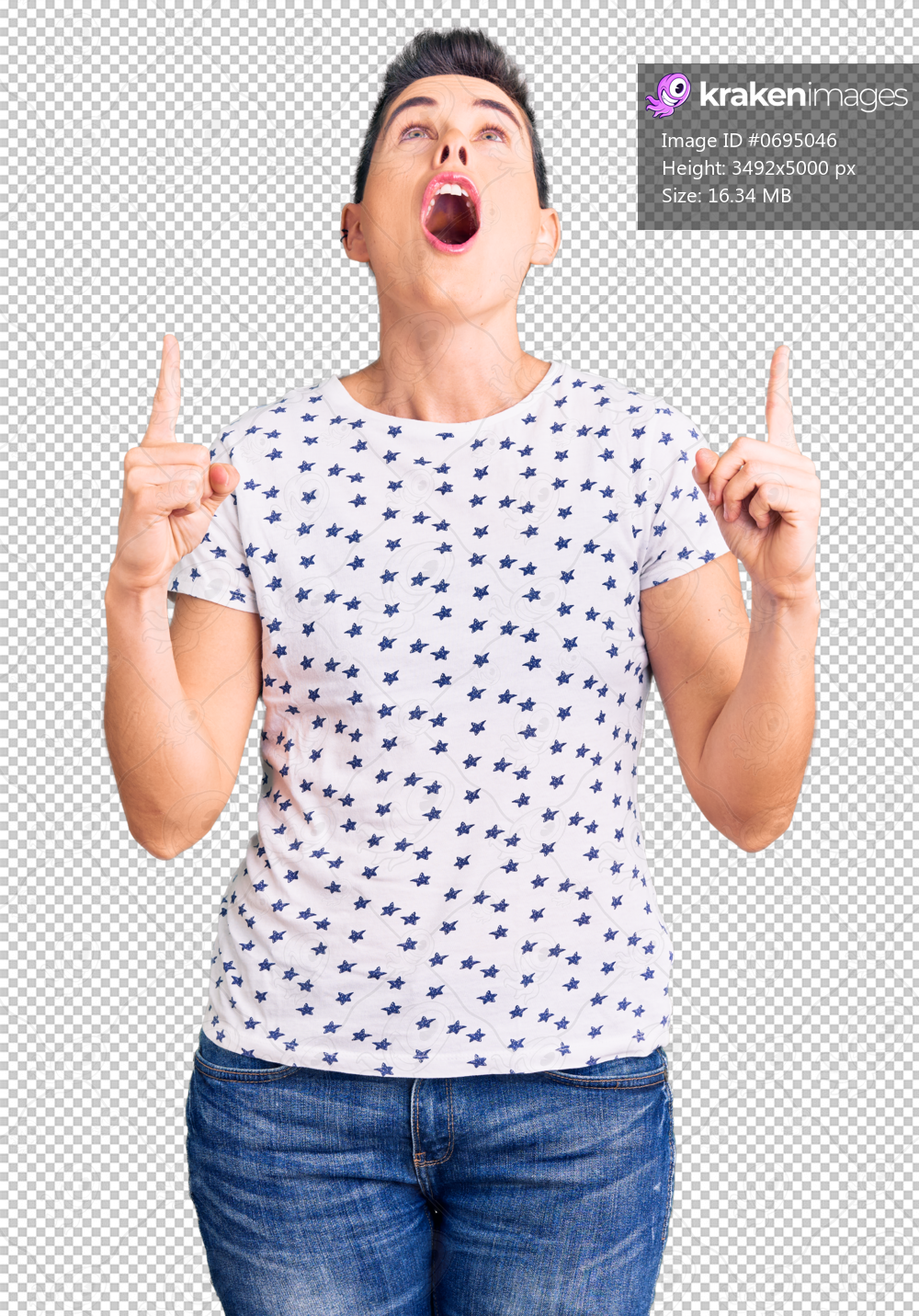 Young woman with short hair wearing casual clothes amazed and surprised looking up and pointing with fingers and raised arms.
