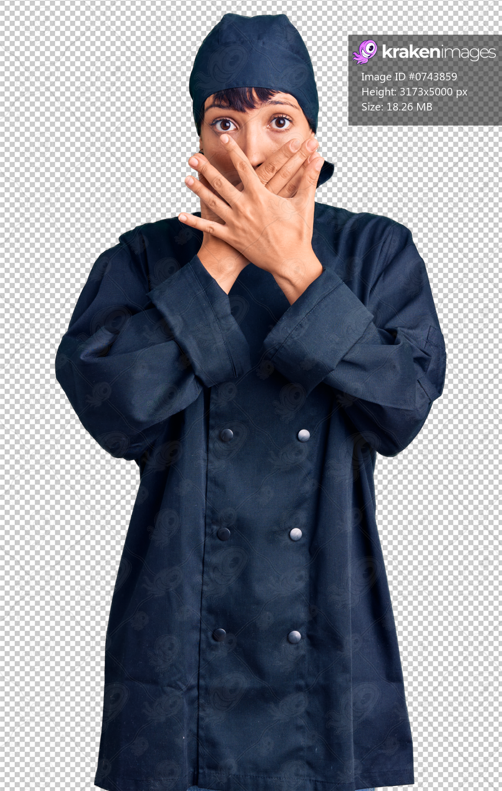 Young brunette woman with short hair wearing professional cook uniform shocked covering mouth with hands for mistake. secret concept.