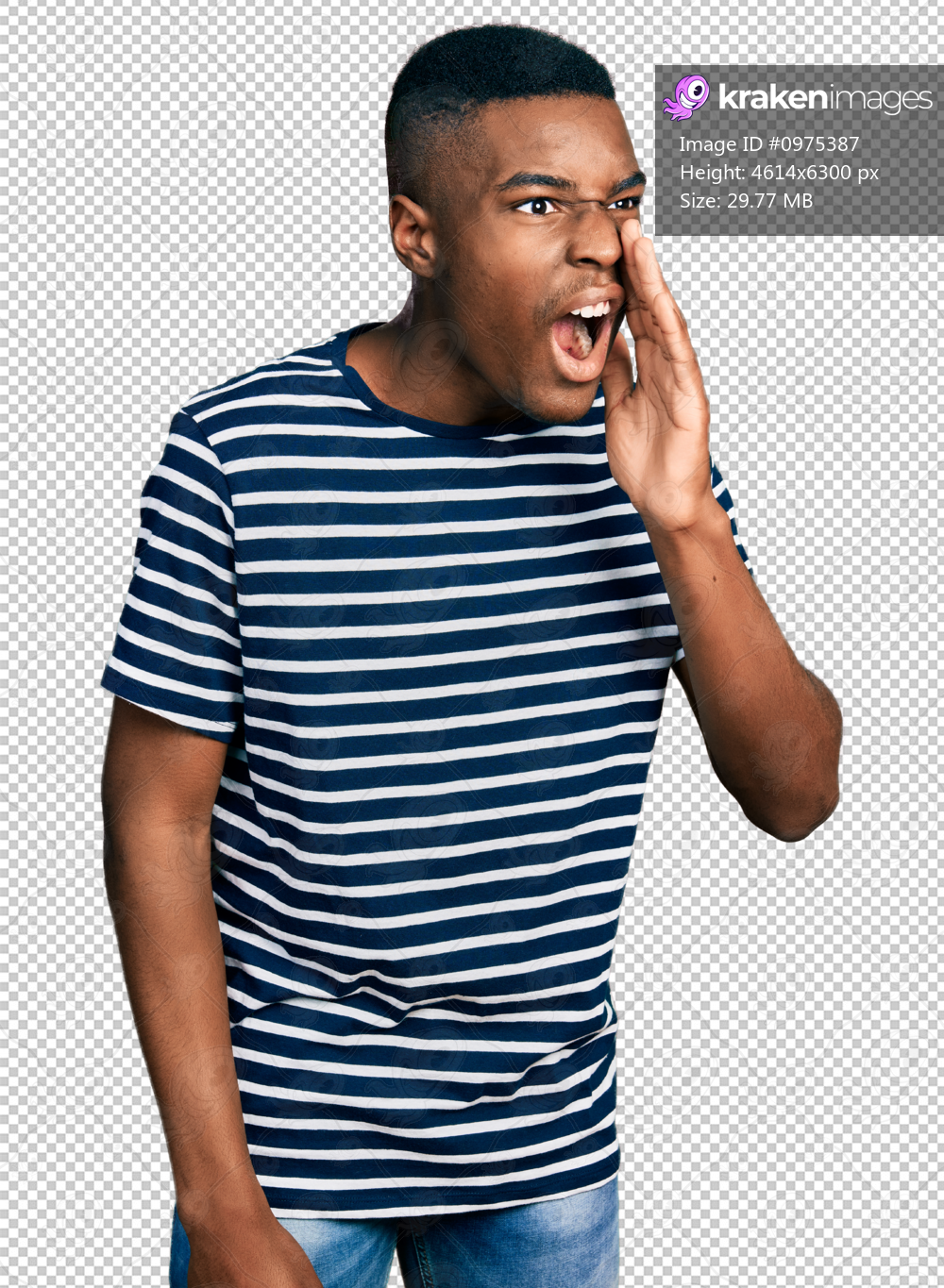 Young african american man wearing casual striped t shirt shouting and screaming loud to side with hand on mouth. communication concept.