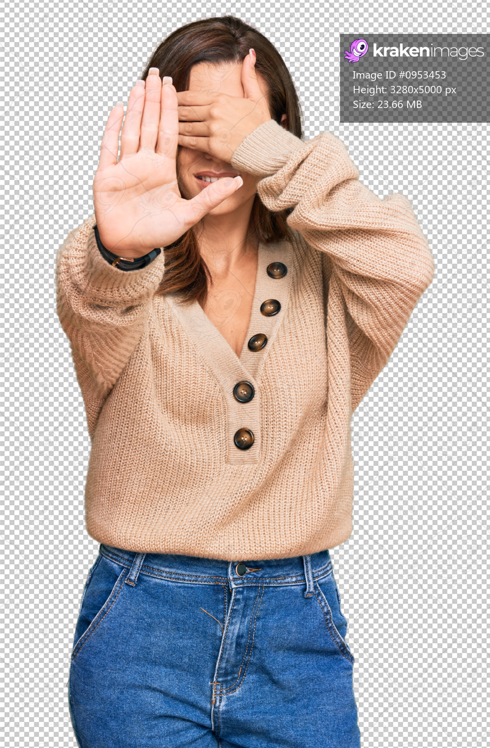 Young brunette woman wearing casual winter sweater covering eyes with hands and doing stop gesture with sad and fear expression. embarrassed and negative concept.