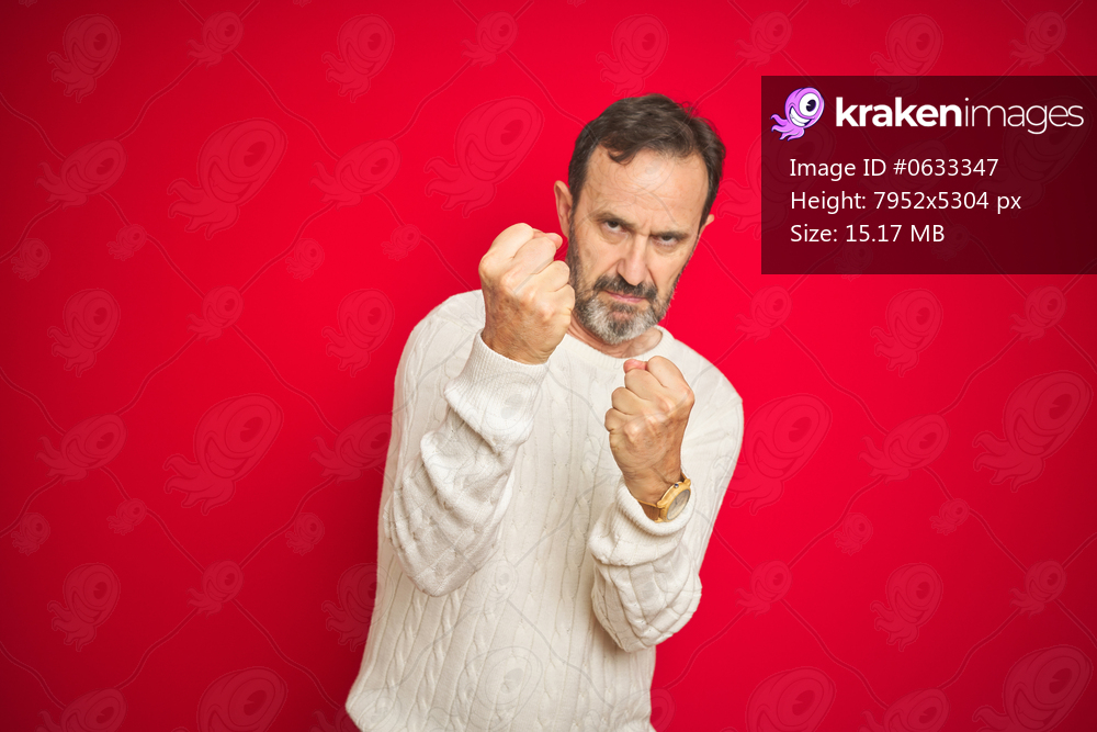 Handsome middle age senior man with grey hair over isolated red background Ready to fight with fist defense gesture, angry and upset face, afraid of problem