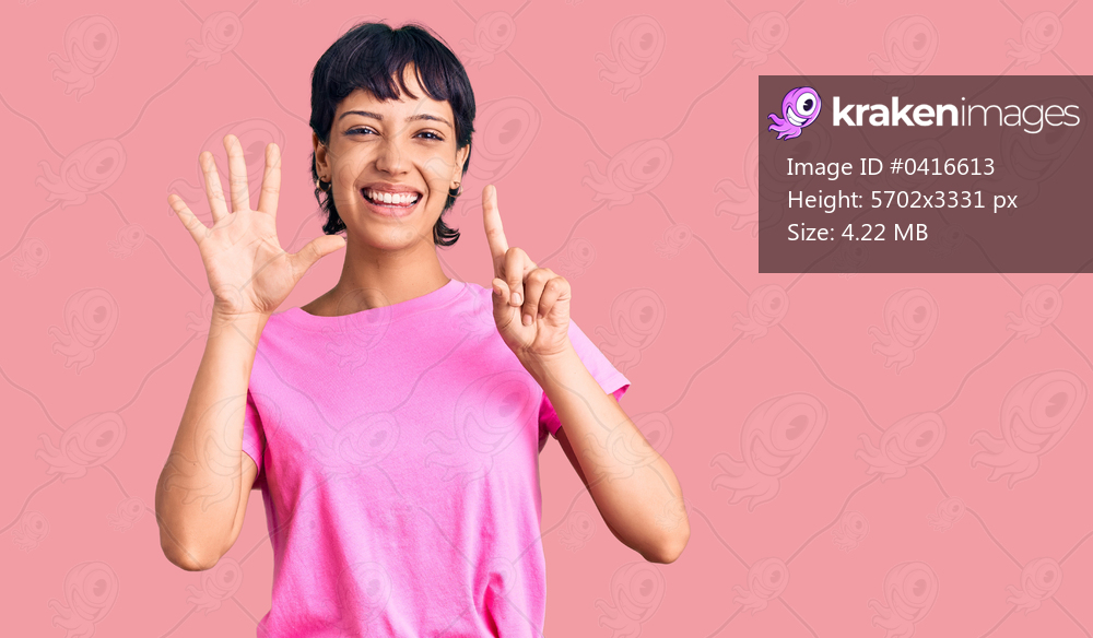 Young brunette woman with short hair wearing casual clothes showing and pointing up with fingers number six while smiling confident and happy. 