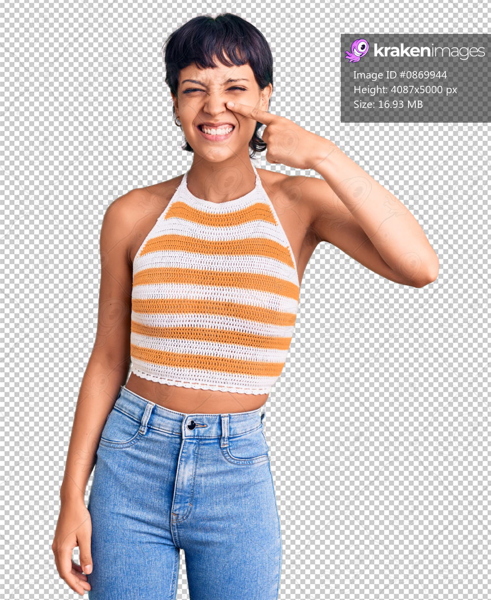 Young brunette woman with short hair wearing casual clothes pointing with hand finger to face and nose, smiling cheerful. beauty concept