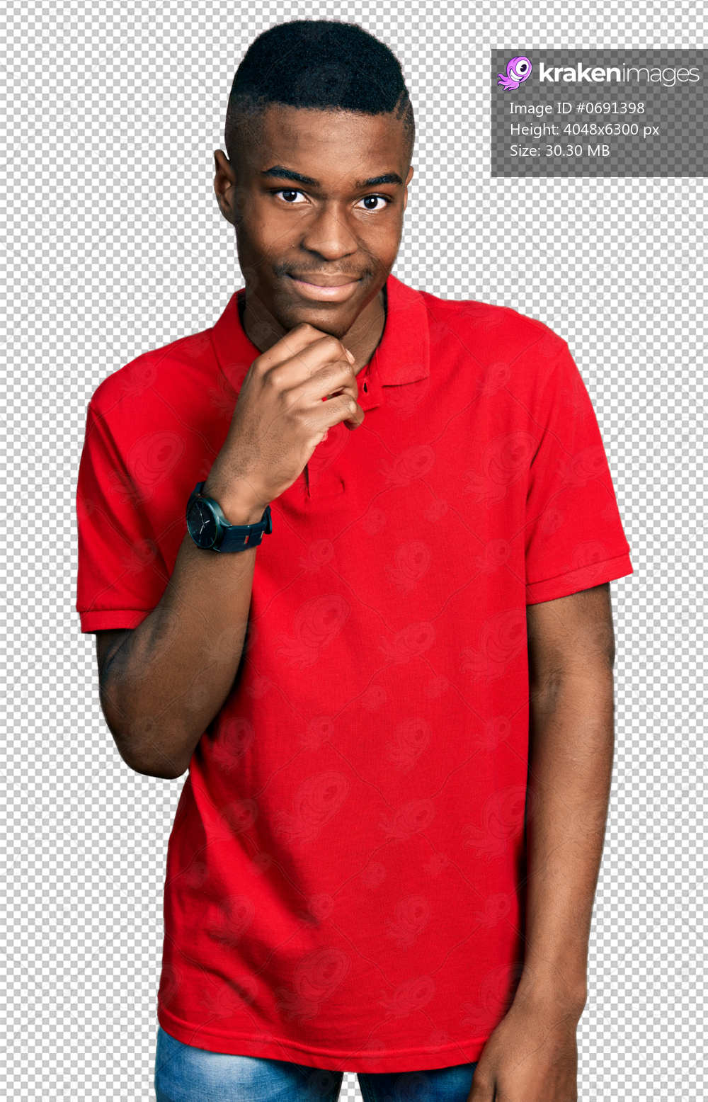 Young african american man wearing casual red t shirt looking confident at the camera smiling with crossed arms and hand raised on chin. thinking positive.