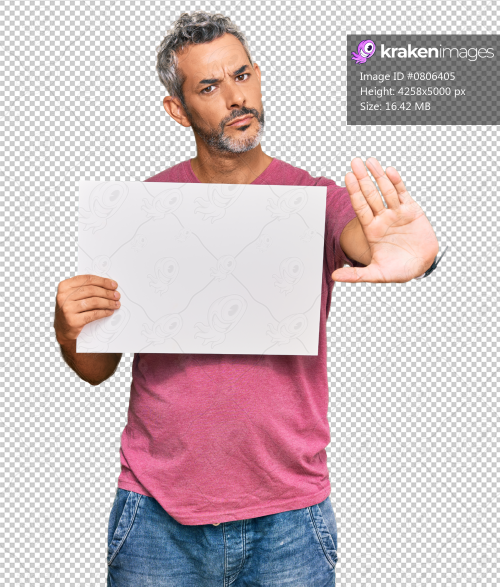 Middle age grey-haired man holding blank empty banner with open hand doing stop sign with serious and confident expression, defense gesture