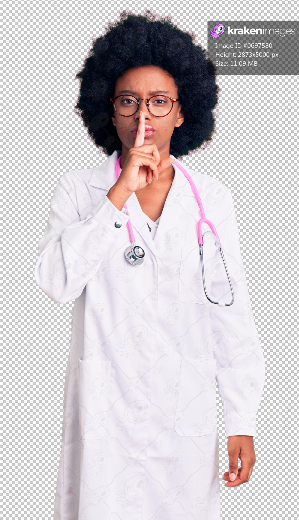 Young african american woman wearing doctor coat and stethoscope asking to be quiet with finger on lips. silence and secret concept.