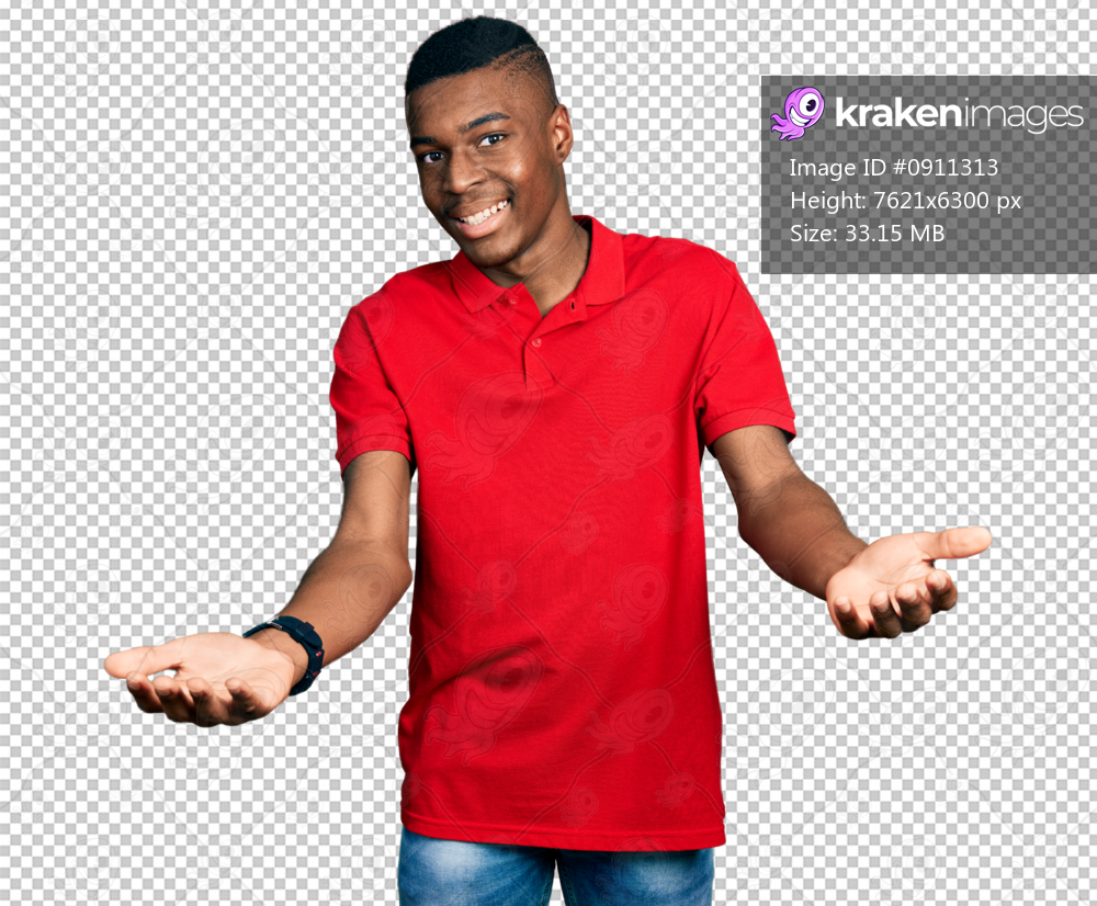 Young african american man wearing casual red t shirt smiling cheerful offering hands giving assistance and acceptance.