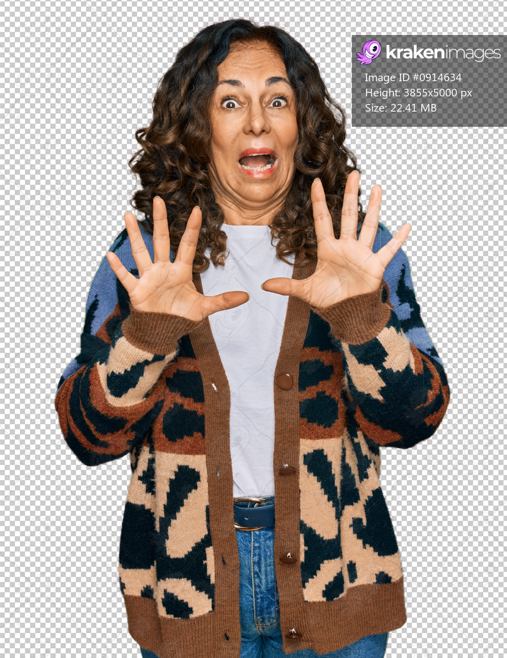 Middle age hispanic woman wearing casual clothes afraid and terrified with fear expression stop gesture with hands, shouting in shock. panic concept.