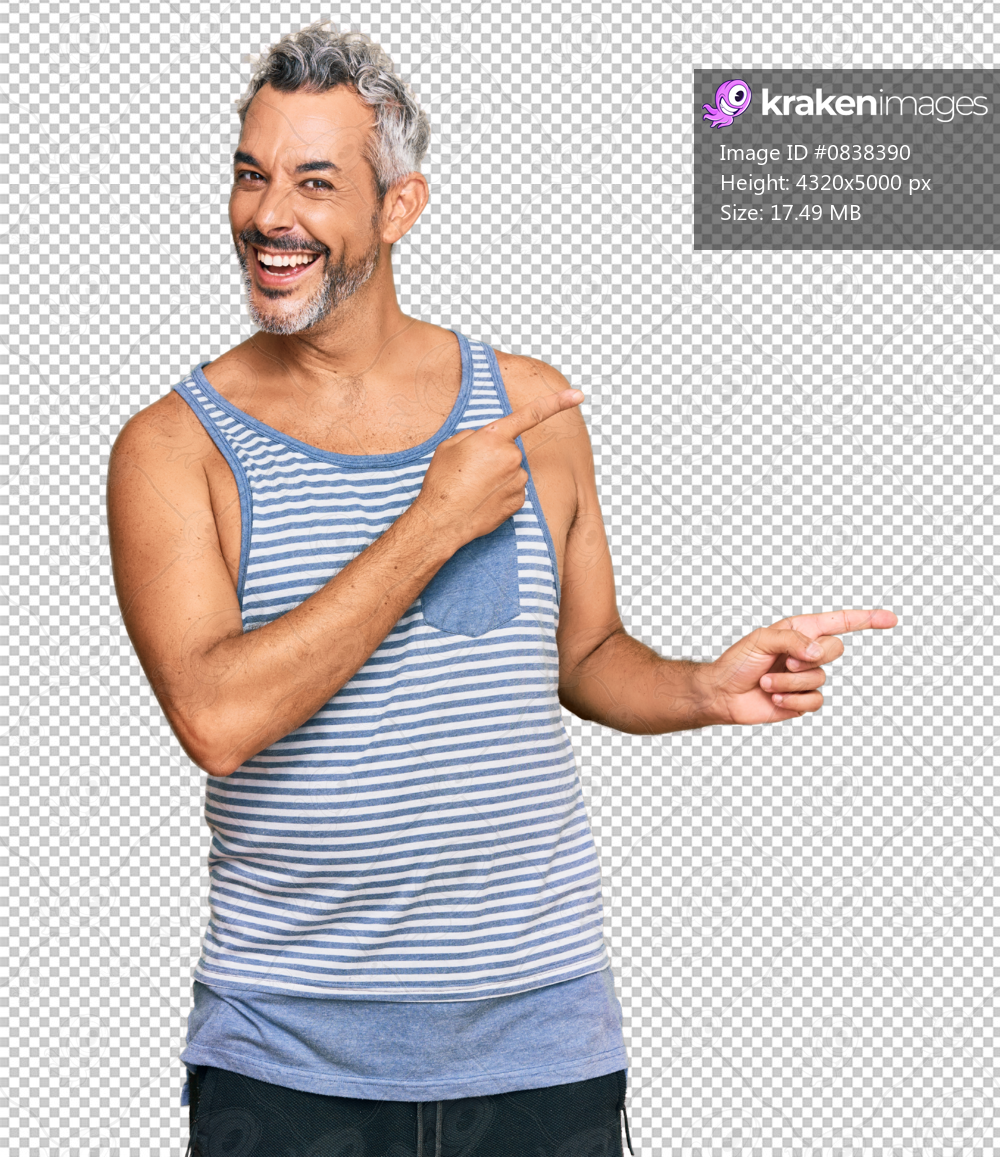 Middle age grey-haired man wearing casual style with sleeveless shirt smiling and looking at the camera pointing with two hands and fingers to the side.