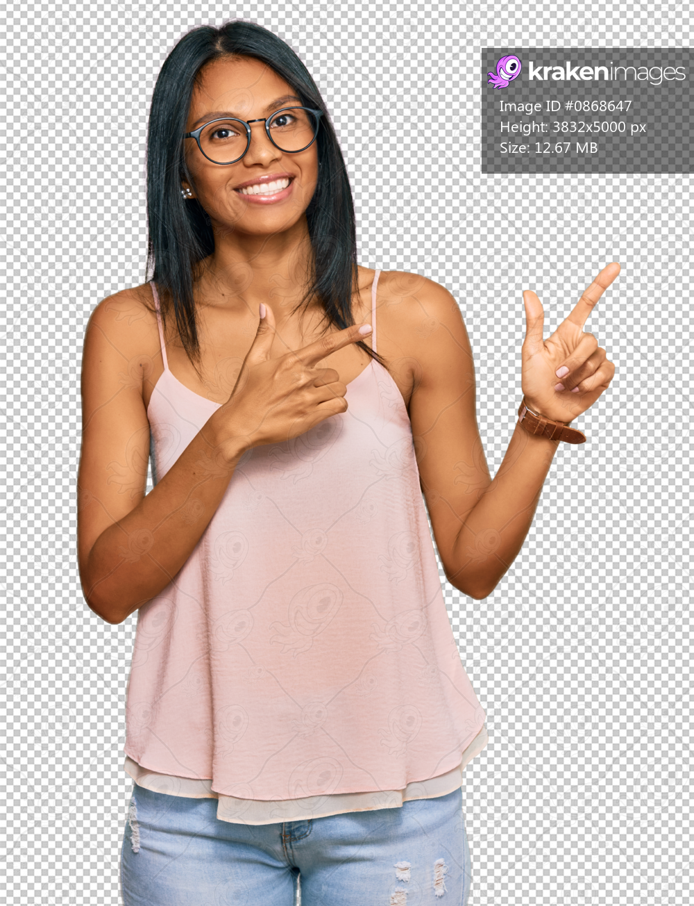 Young african american woman wearing casual clothes and glasses smiling and looking at the camera pointing with two hands and fingers to the side.