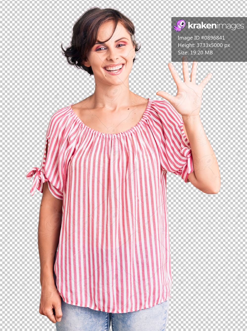 Beautiful young woman with short hair wearing casual summer clothes showing and pointing up with fingers number five while smiling confident and happy.