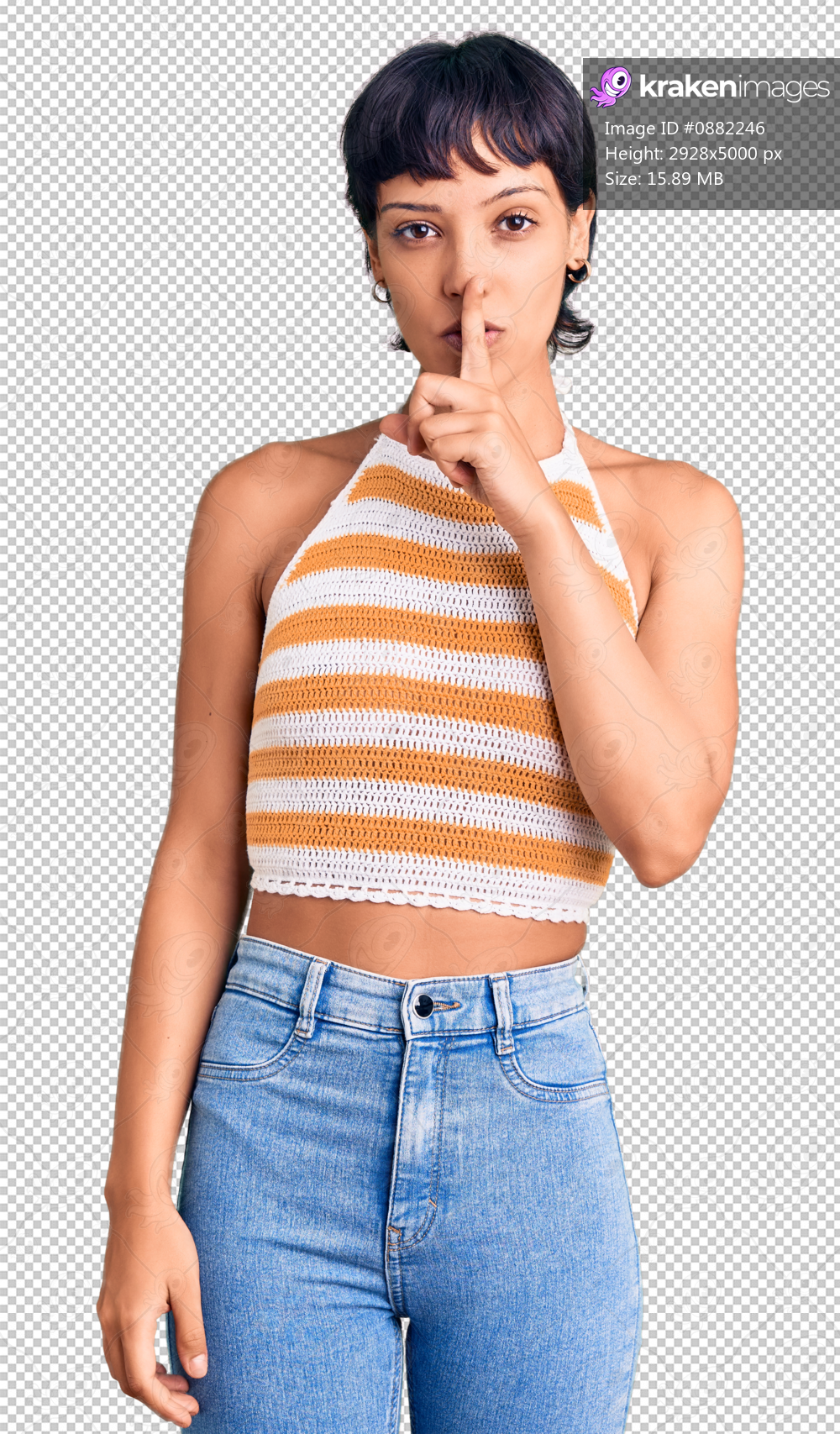 Young brunette woman with short hair wearing casual clothes asking to be quiet with finger on lips. silence and secret concept.