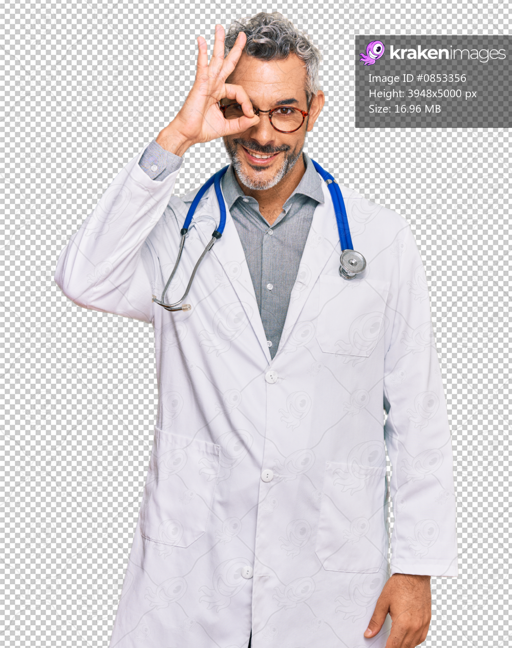 Middle age grey-haired man wearing doctor uniform and stethoscope smiling happy doing ok sign with hand on eye looking through fingers