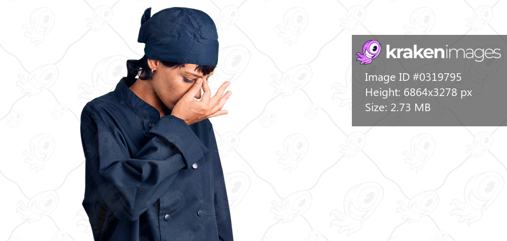 Young brunette woman with short hair wearing professional cook uniform tired rubbing nose and eyes feeling fatigue and headache. stress and frustration concept. 