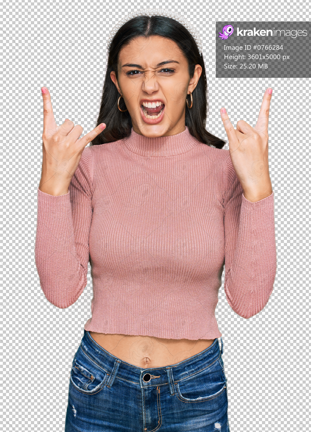 Young hispanic girl wearing casual clothes shouting with crazy expression doing rock symbol with hands up. music star. heavy concept.