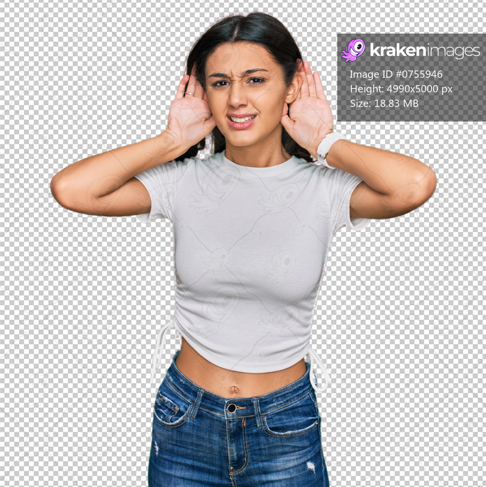 Young hispanic girl wearing casual white t shirt trying to hear both hands on ear gesture, curious for gossip. hearing problem, deaf