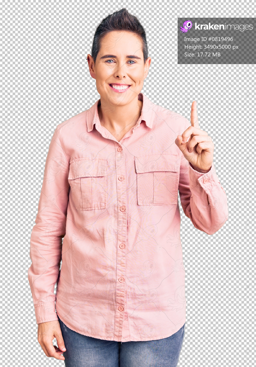 Young woman with short hair wearing casual clothes showing and pointing up with finger number one while smiling confident and happy.