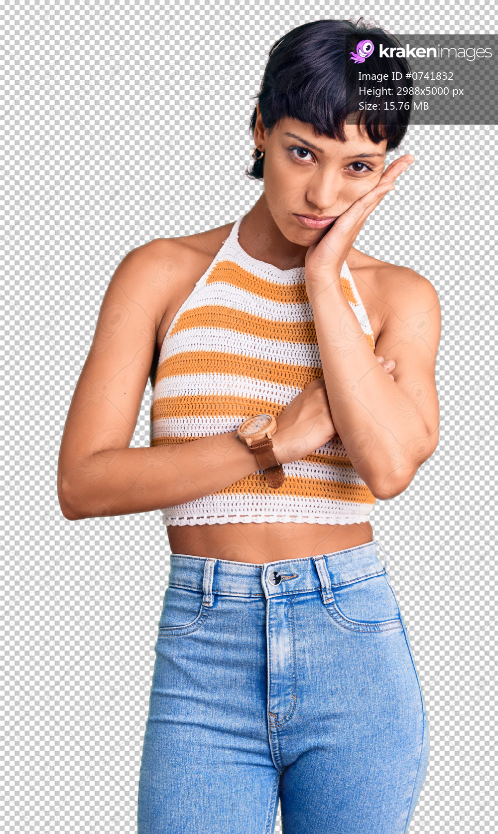 Young brunette woman with short hair wearing casual clothes thinking looking tired and bored with depression problems with crossed arms.