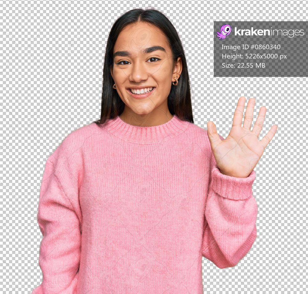 Young asian woman wearing casual winter sweater showing and pointing up with fingers number five while smiling confident and happy.