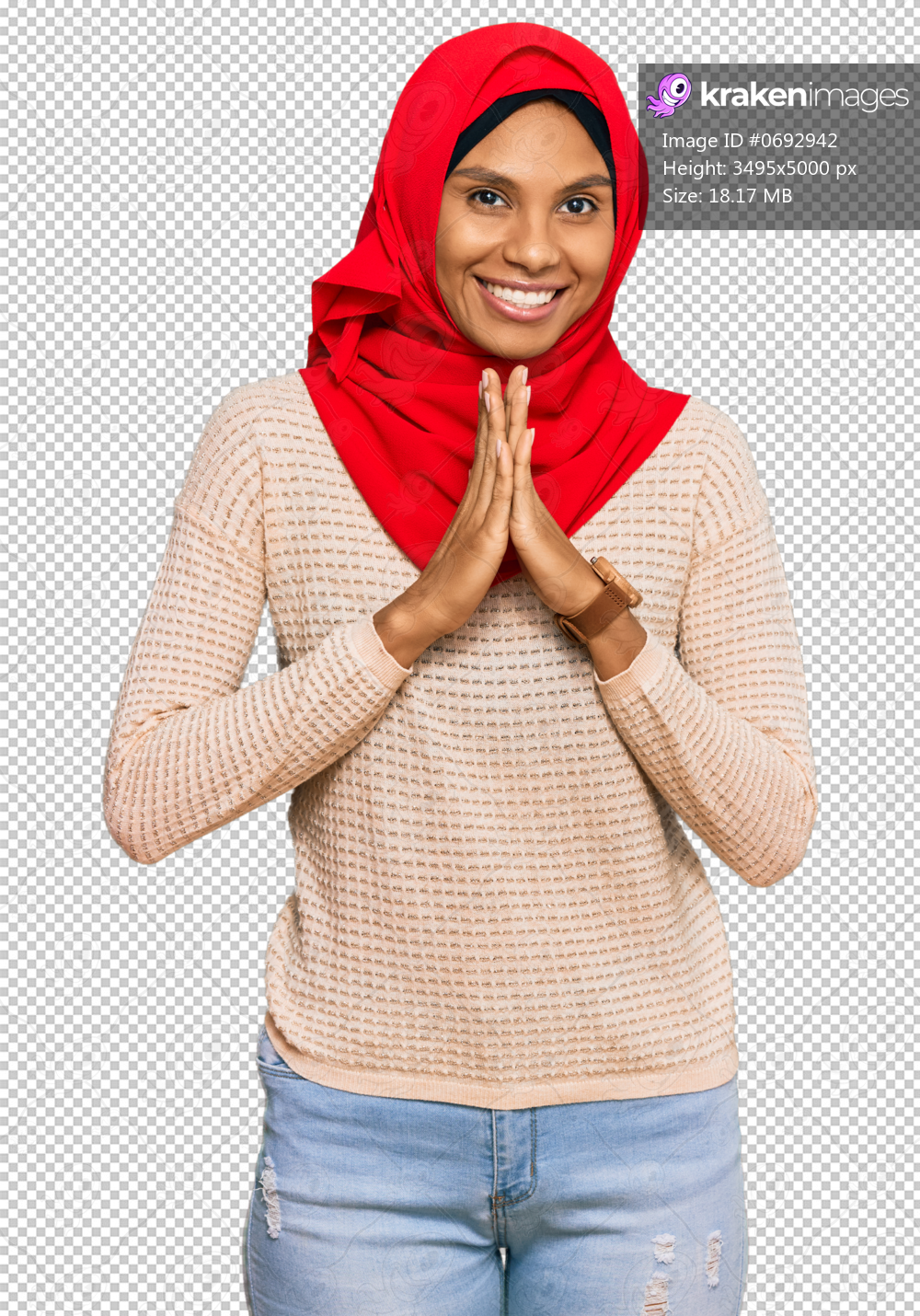 Young african american woman wearing traditional islamic hijab scarf praying with hands together asking for forgiveness smiling confident.