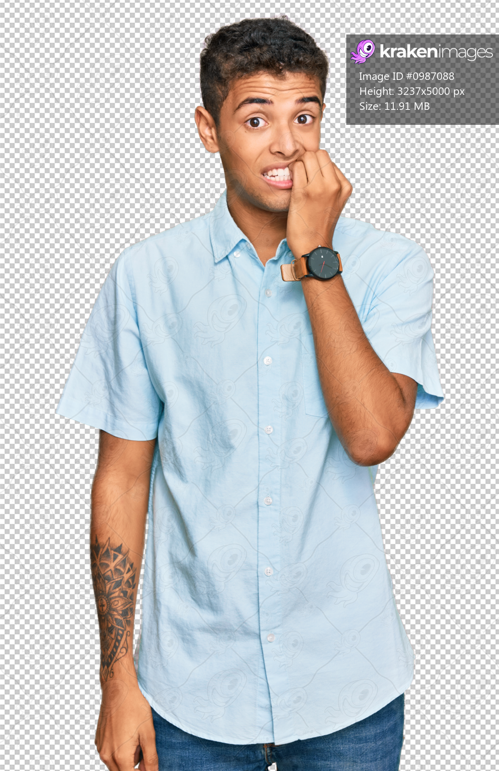 Young handsome african american man wearing casual clothes looking stressed and nervous with hands on mouth biting nails. anxiety problem.