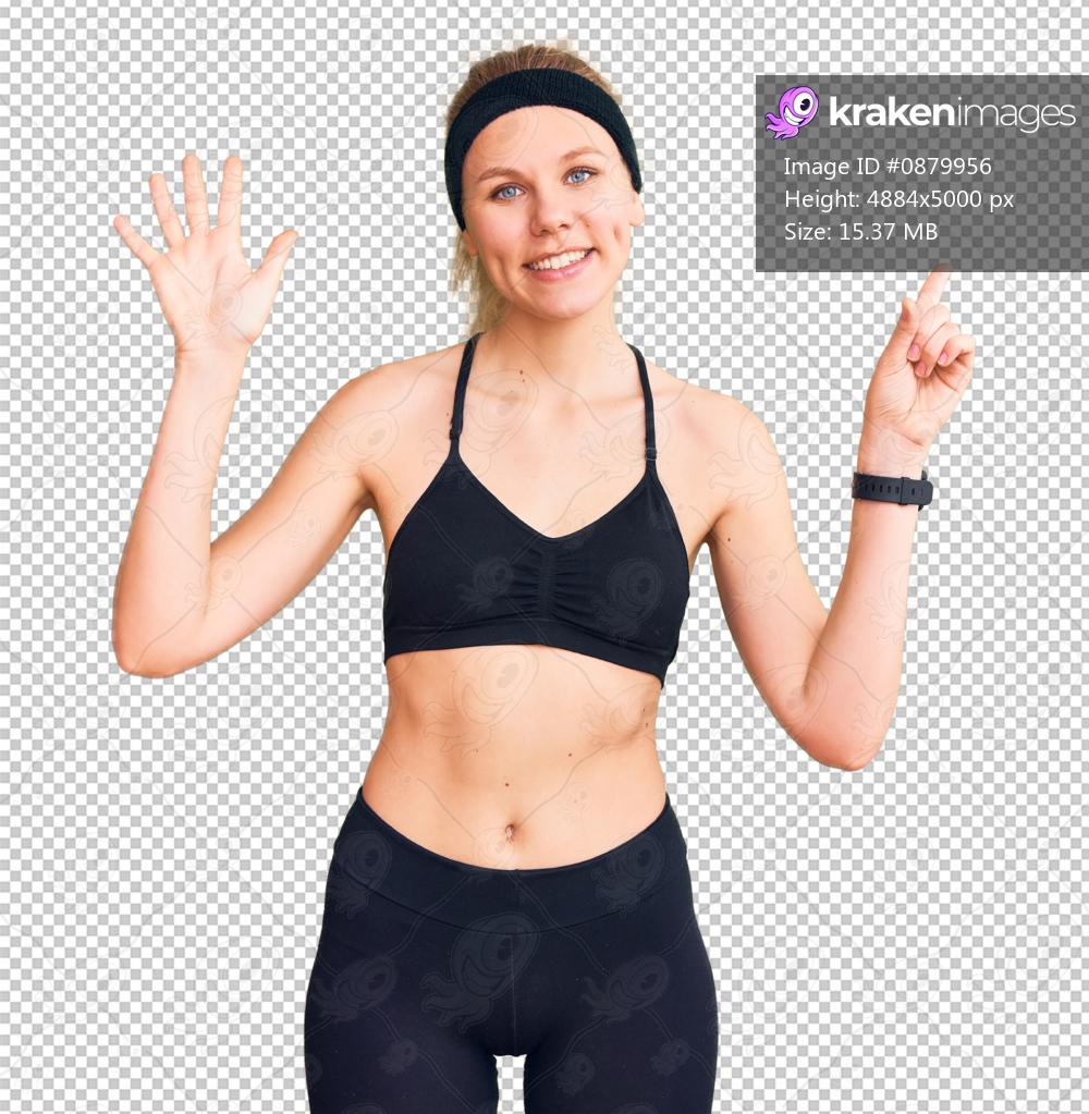 Young beautiful blonde woman wearing sportswear showing and pointing up with fingers number six while smiling confident and happy.