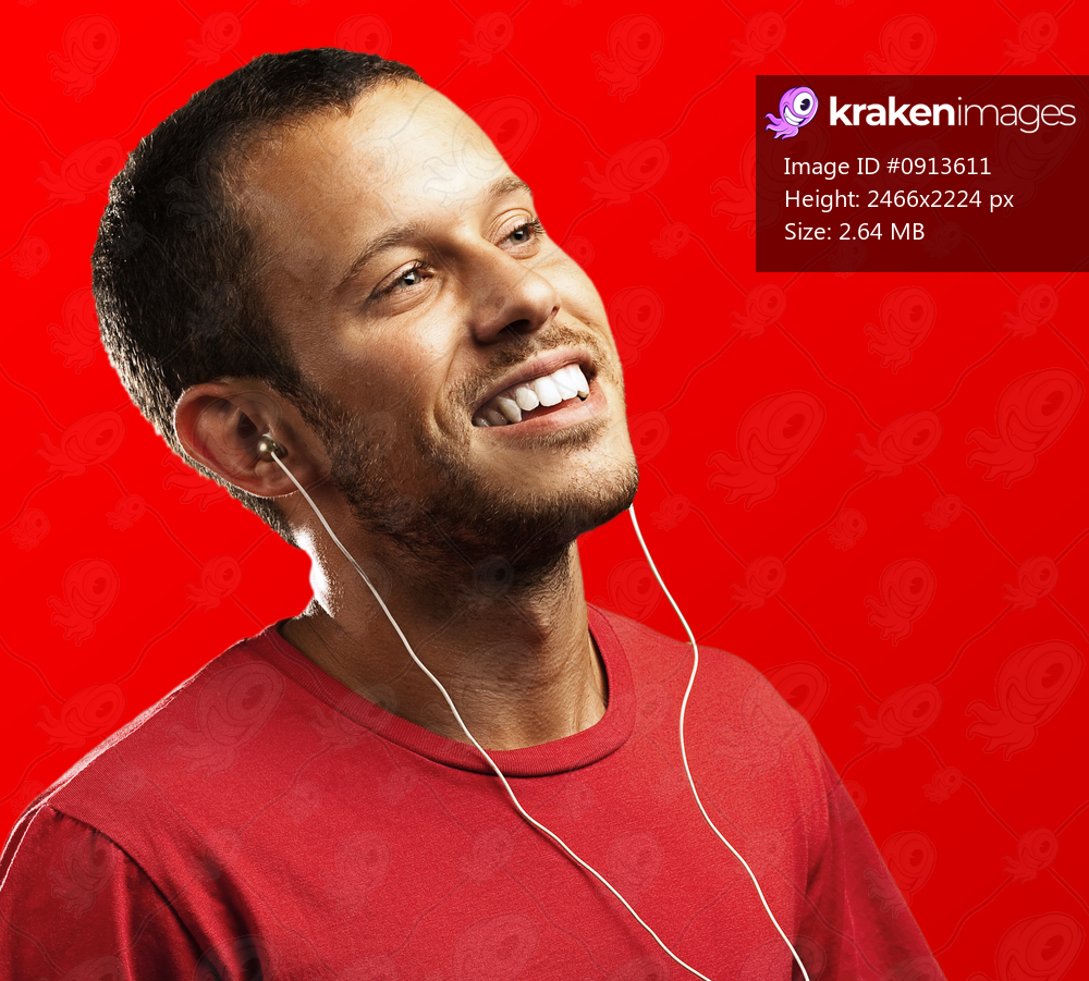 young man with a red shirt on a white background