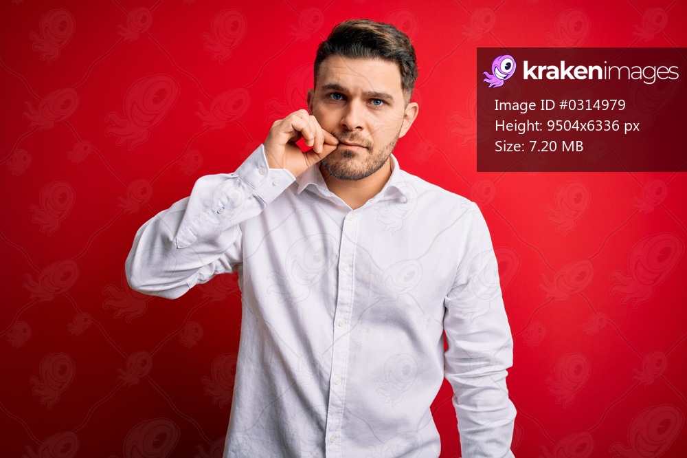 Young business man with blue eyes wearing elegant shirt standing over red isolated background mouth and lips shut as zip with fingers. Secret and silent, taboo talking