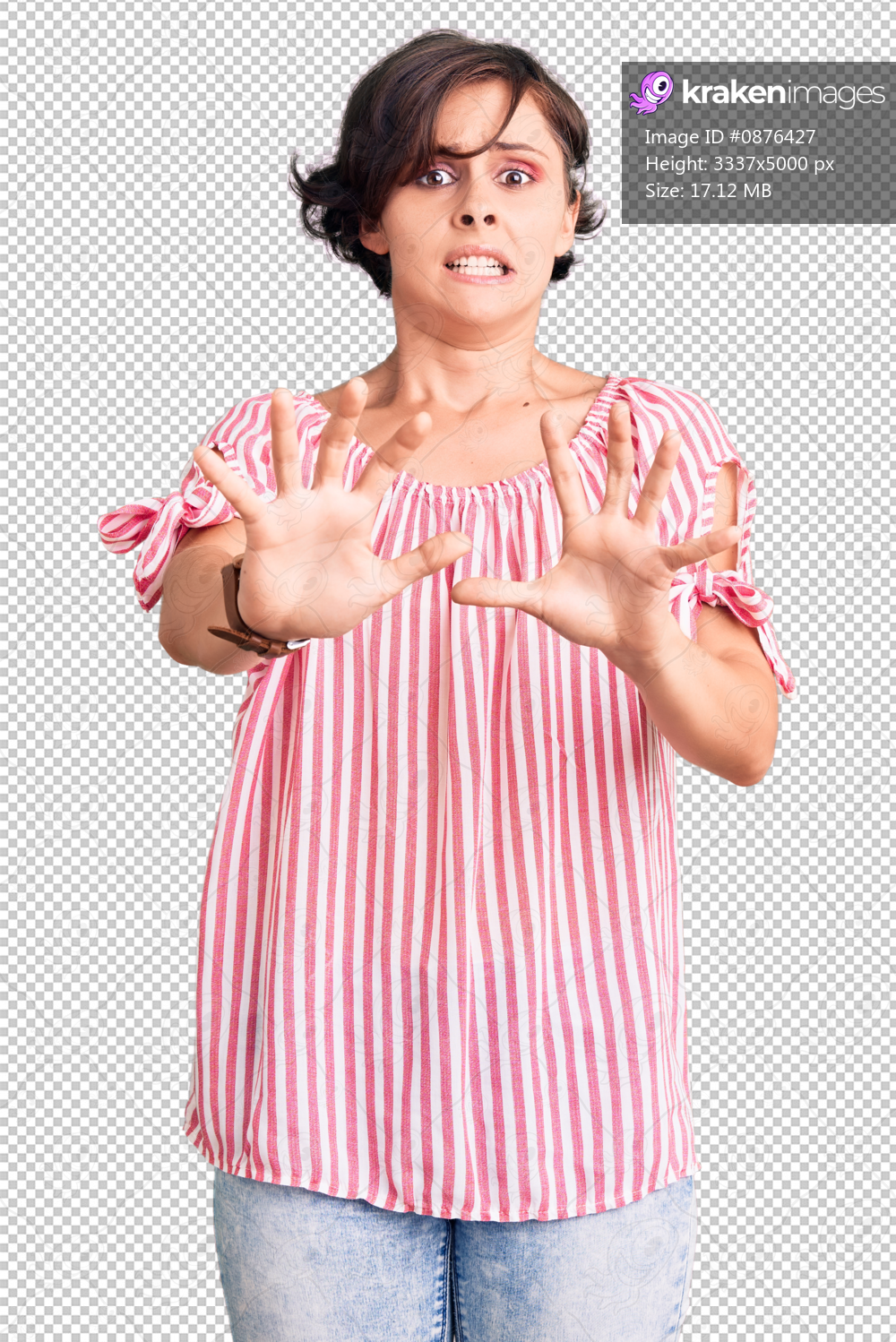 Beautiful young woman with short hair wearing casual summer clothes afraid and terrified with fear expression stop gesture with hands, shouting in shock. panic concept.