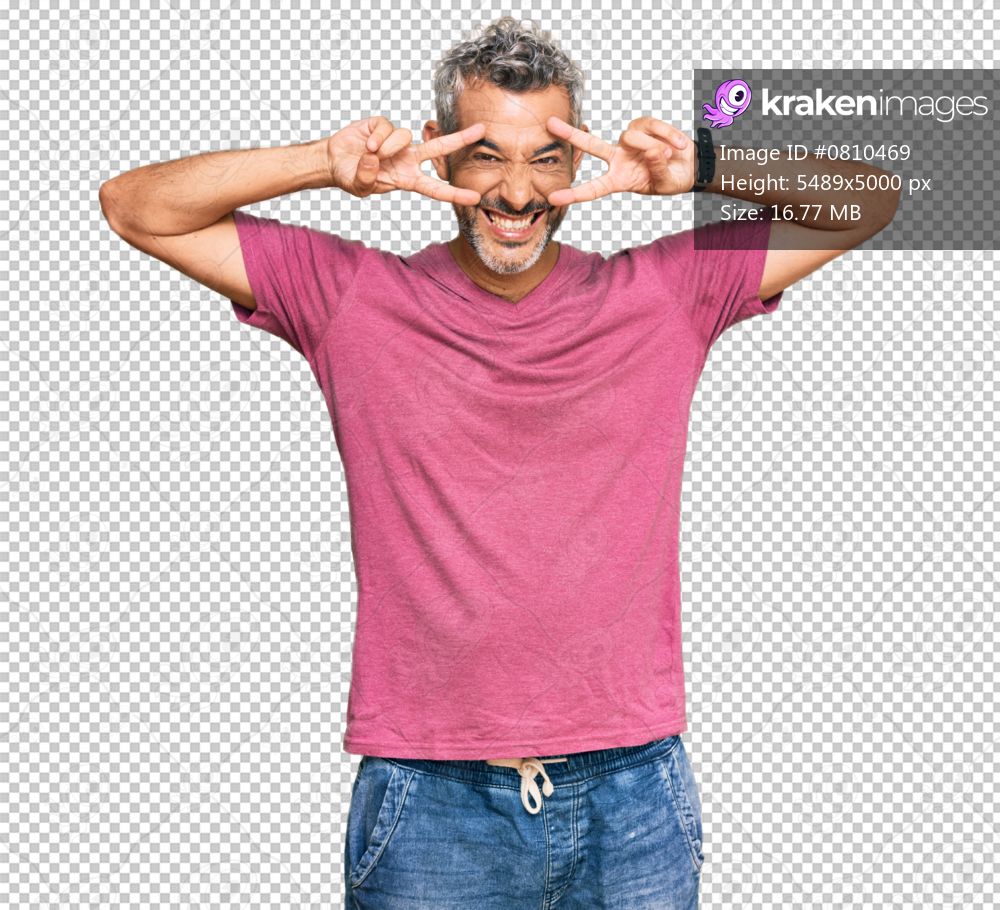 Middle age grey-haired man wearing casual clothes doing peace symbol with fingers over face, smiling cheerful showing victory
