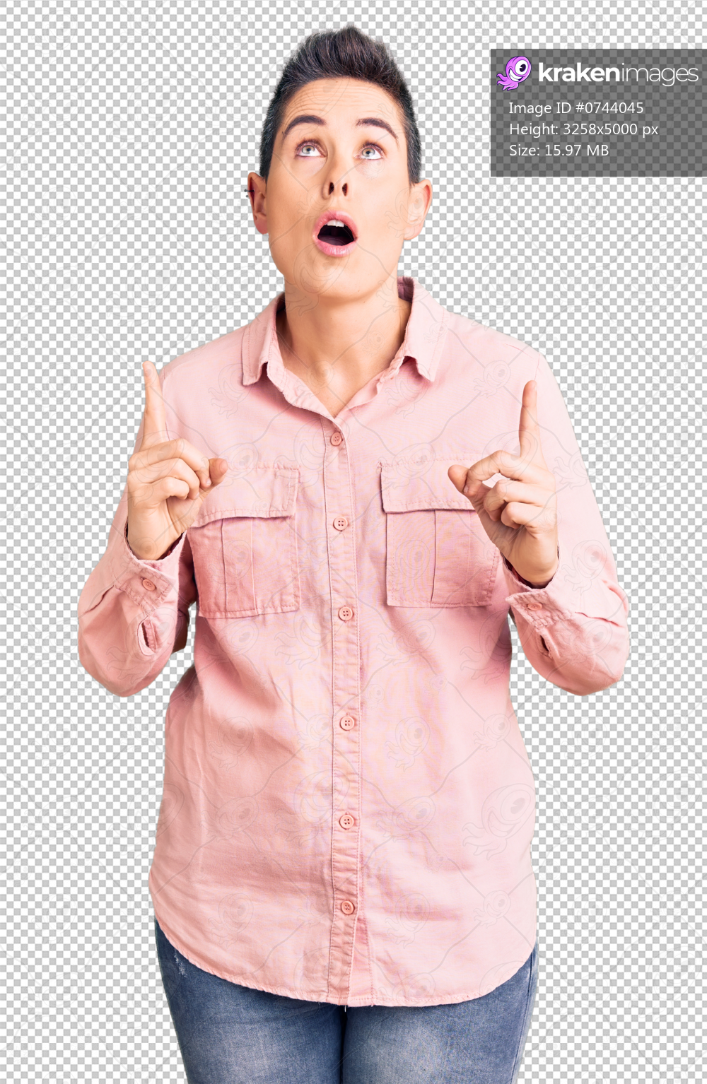 Young woman with short hair wearing casual clothes amazed and surprised looking up and pointing with fingers and raised arms.