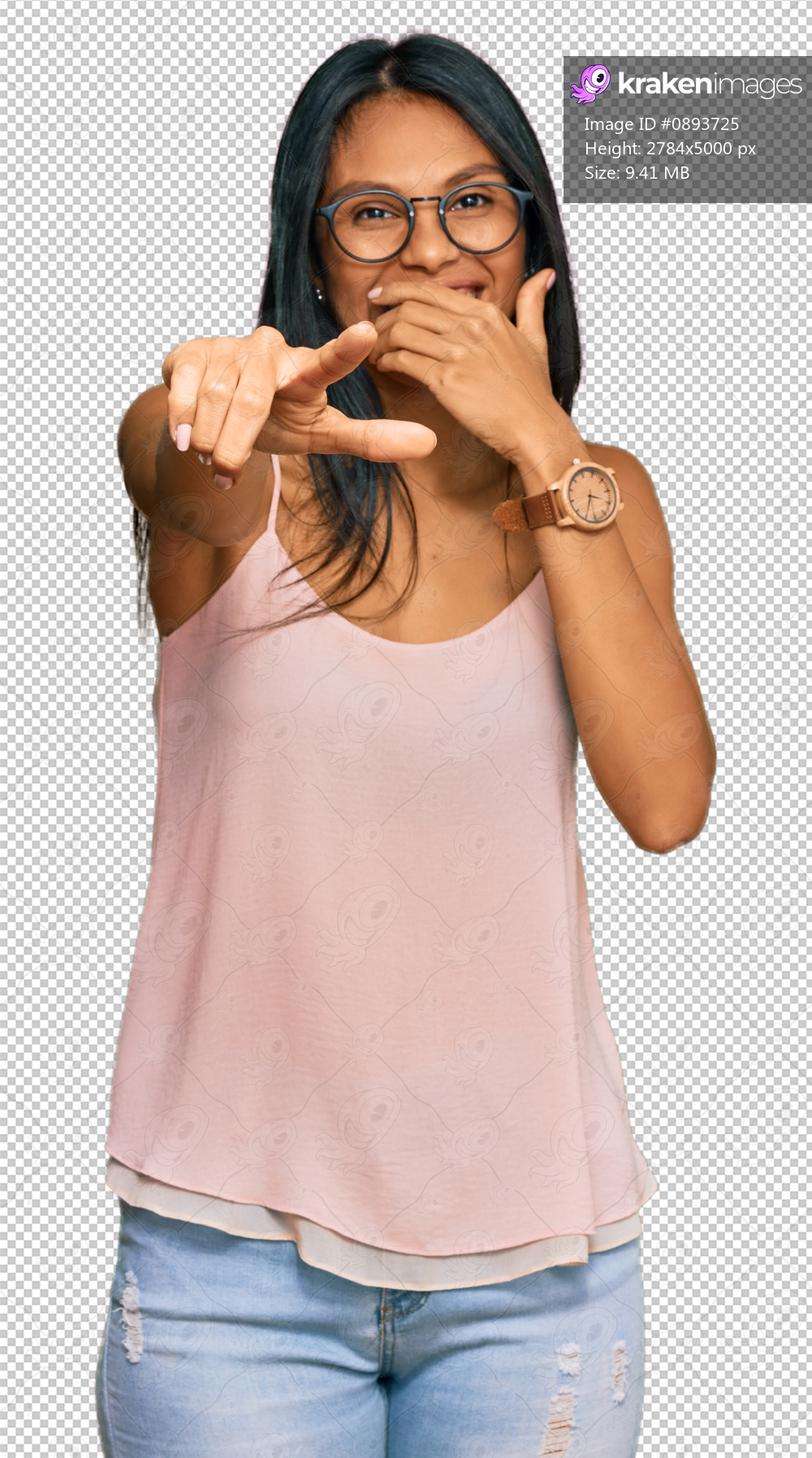 Young african american woman wearing casual clothes and glasses laughing at you, pointing finger to the camera with hand over mouth, shame expression