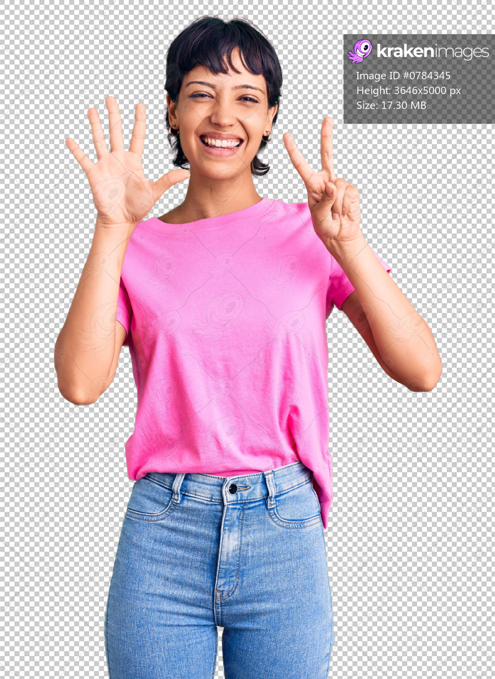 Young brunette woman with short hair wearing casual clothes showing and pointing up with fingers number seven while smiling confident and happy.