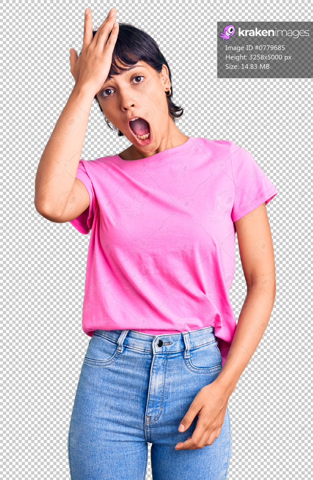 Young brunette woman with short hair wearing casual clothes surprised with hand on head for mistake, remember error. forgot, bad memory concept.